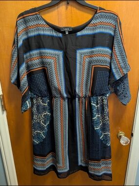 Lux Black Mini Dress with Blue and Orange Geometric Print